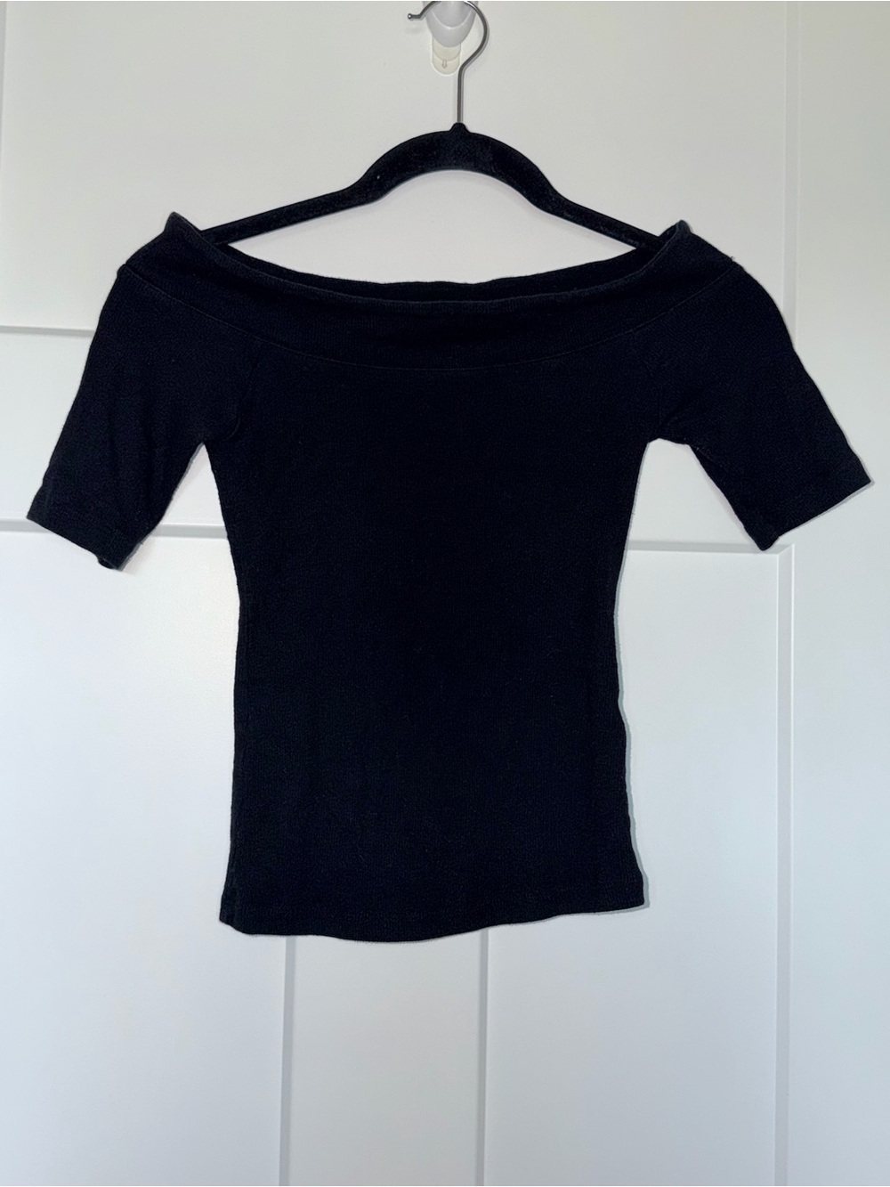 Black Ribbed Fitted Off Shoulder Half Sleeve Top